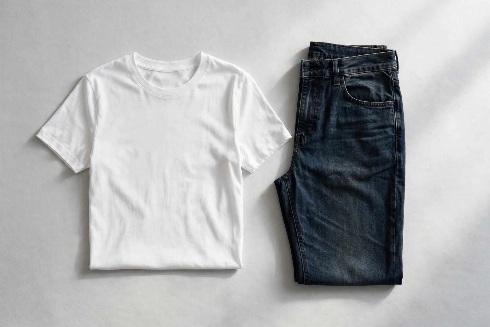 Flat lay of a plain T-shirt and jeans photographed for listing